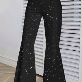 Resim Kadınların Şık Flare Bacaklı Pantolonları, Çapraz Bel Tasarımı, Düz Renk, Tüm Mevsim Konforu, Yüksek Bel, Esnek Kumaş, Siyah Parıltılı Detaylı, Yetişkin Modası İçin Mükemmel, Yüksek Bel Legging 