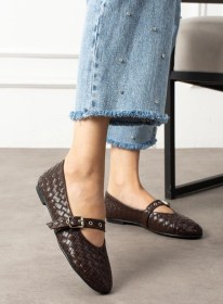 Resim Shoetek Masvi Kadın Babet Önden Bantlı Tokalı Örgü Dokumalı Kahverengi Deri Kahve 