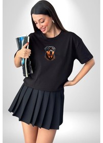 Resim Rottweiler A Secere Siyah Oversize Unisex Ön Orta Minimal Baskılı Tişört Siyah 