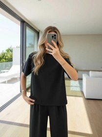 Resim WODDİ Mila Kadın Osho Siyah Kısa Kollu Modal Penye Yüksek Bel Bol Paça Eşofman Takımı 2026 (Yeni Trend) 