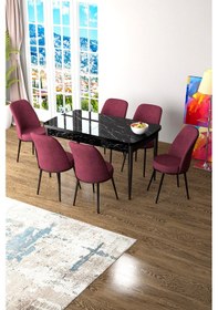 Resim Canisa Zen Serisi 80x132 Mdf Açılabilir Siyah Mermer Desen Masa Takımı Ve 6 Bordo Sandalye Masa Siyah Mermer Desen Sandalye Bordo 