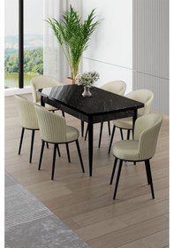 Resim Canisa Asfel Serisi Mdf 77x130 Siyah Mermer Desen Yandan Açılabilir Mutfak Masa Takımı 6 Krem Sandalye Siyah Mermer Masa Krem Sandalye 