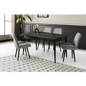 Resim Ortadan Açılır Büyüyen 90x160cm Siyah Mermer Desen Ahşap Salon Yemek Masa Gri Fulya Sandalye Takımı Siyah 