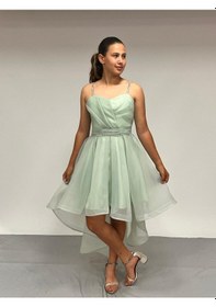 Resim Butikhappykids Kız Çocuk Abiye Mint Yeşili Taş Kordon Askılı Kalp Yaka Kuyruklu Şifon Abiye Elbise 9-16 Yaş Mint Yeşili 