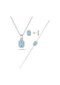Resim Brezza Lusso Jewelry Enesstore 925 Ayar Gümüş Aquamarin Taşlı Baget Kolye Küpe Bileklik Set 