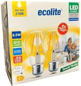 Resim Ecolite 6,5W LED Filament Ampul E27 | 60W Eşdeğer | 2700K Sarı Işık | 810 Lümen | 2’li Paket | Enerji Sınıfı E 