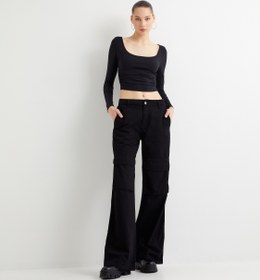 Resim Uzun Kollu Crop Body U Yaka Drape Detaylı 