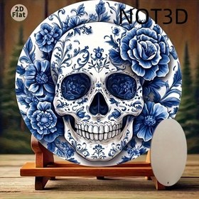 Resim 2D Düz, Simetrik Mavi Çiçek Desenli Kafatası Şeklinde Tabak - Beyaz & Mavi Yapay Ahşap Dekoratif Tabak Halloween için, Ölüler Günü, Ev Dekoru, Dayanıklı & Çok Yönlü, Halloween Süslemeleri, Temalı Partiler, Karmaşık Desenler, Detaylı İşçilik, Sanat Koleksiyoncuları, 2D Düz 