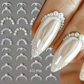 Resim 1 adet Fransız Çizgi Sanatı Holografik Kendinden Yapışkanlı Tırnak Çıkartmaları - İnci & Taşlı DIY Tırnak Süsleme Aksesuarları Şık Manikürler için 