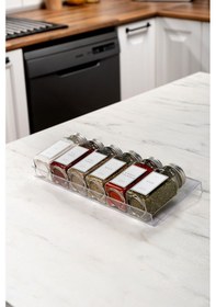 Resim 6'lı Şeffaf Pleksi Standlı Cam Baharatlık Seti Kapaklı Etiketli Baharatlık Mh02slvr06 Beyaz - Şeffaf 