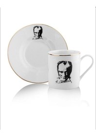 Resim 2'li Porselen Atatürk Portreli Türk Kahvesi Fincanı Beyaz 