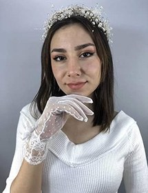 Resim Beyaz Puantiyeli Eldiven Ve Krem İncili Taç Nikah Takımı 