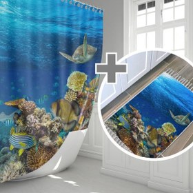 Resim Akvaryum Desen Banyo Paspası Takımı, Mavi Banyo Perdesi, Mavi Paspas, 50x80 cm Paspas Seti 