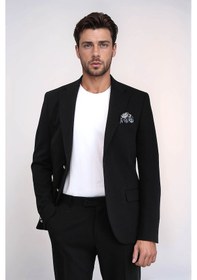 Resim Siyah Kendinden Desenli Örme Altın Renk Metal Düğmeli Slim Fit Erkek Blazer Ceket - Wessi Black 