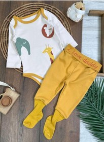 Resim Tiwitibaby Safari Baskılı Çoraplı Alttan Çıtçıtlı Erkek Bebek Takım-zıbın Takım Sari 
