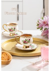 Resim Porsima 3187 Majesty 12 Parça Yaldızlı Porselen Türk Kahve Fincan Takımı Çok Renkli 