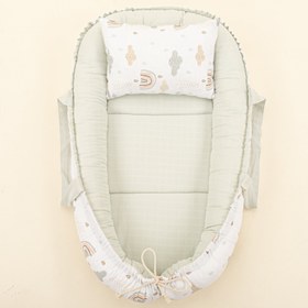 Resim Babynest ve Yastık - Çift Taraflı - Açık Yeşil Muslin - Yeşil Gökkuşağı 
