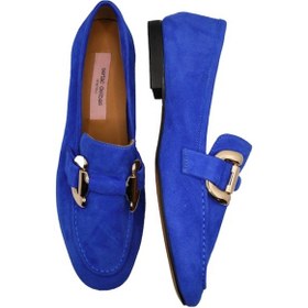 Resim Kadın Mavi Süet Deri Babet Ayakkabı Mavi 