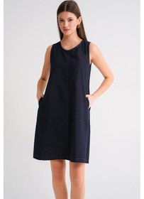 Resim Mixray 4691 Kadın Bisiklet Yaka Midi Boy Denim Elbise Lacivert 