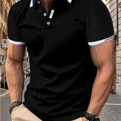 Resim Erkekler için Şık Siyah Gömlek - Günlük & Spor, Kısa Kollu, Kontrast Yaka ve Kenar Detaylı, %100 Polyester, Düğme Detaylı, Yaz için İdeal 