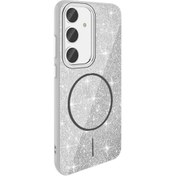 Resim Mobilzone Galaxy S23 FE Kılıf Magsafe Şarj Özellikli Parlayan Simli Zore Okso Kapak - Beyaz 
