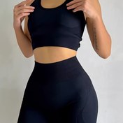 Resim Kadınlar İçin Sırtı Açık Yüksek Bel Kaldırma Dikişsiz Spor Sütyen ve Şort Takımı 