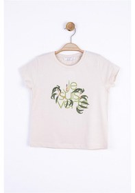 Resim Nk Kids Kız Çocuk Pamuklu Yaprak Baskılı Yuvarlak Yaka Yarım Kol Tshirt-12907 Bej 