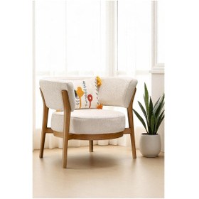 Resim Moda Berjer - Özel Tasarım Lüks Tekli Koltuk Ahşap Ayaklı, Modern Yuvarlak Sırtlı Ekru 