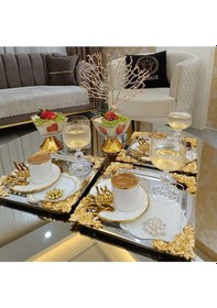 Resim Atabey Home Collection 2 Adet Kahve & Çay & Sunum Tepsisi Metal Döküm Gül Model 