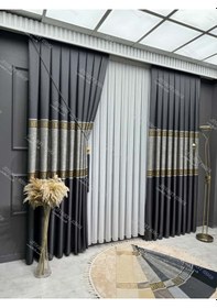 Resim Pallas Desen Lüks Gri Pano Fon Perde Gold Detaylı Sık Pile Tek Kanat Fiyatı Gri - Gold 