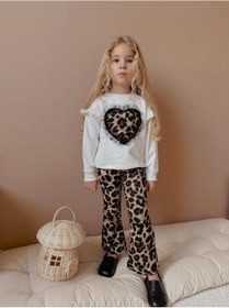 Resim Miniko Kids Kız Çocuk Kalp Modelli Tül Detaylı Leopar İspanyol Paça Taytlı Takım Ekru 
