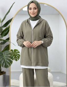 Resim Lovie Moda Kadın Kapüşonlu Fermuar Detaylı Jakarlı Pantolonlu Tesettür Takım Haki 