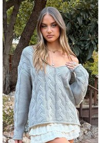 Resim Madmext Gri V Yaka Örgü Desen Oversize Kadın Kazak Mg2519 Gri 