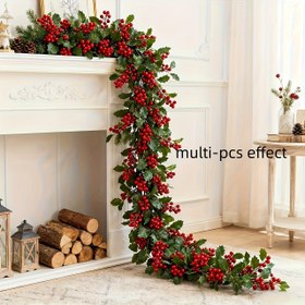 Resim 2'li Yapay Kış Meyvesi Çelenk, Kırmızı Meyveler ve Yeşil Yapraklarla | Gerçekçi Plastik Noel Çelenk, İç/Dış Mekan Tatil Dekorasyonu, Düğün, Yılbaşı için 