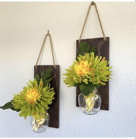 Resim Led Işıklı, Yeşil Anastasya Çiçekli Duvar Dekoru Ceviz İkili Set Ceviz 