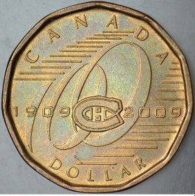 Resim Kanada 1 Dolar 2009 Hatıra-buz Hokeyi Montreal Canadıans Takımı 100. Yıl. Kraliçe Elizabeth 26,5 Mm. 