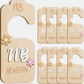 Resim Bebek Dolabı Bölücü - 3D Çift Taraflı Ahşap Bebek Gardırop Bebek Dolabı Düzenleyici, Papatya tasarımı Kreş Dekoru Elbise Askısı Bölücüler Yenidoğandan 24+ Aya kadar 8 Boyutu Sıralamak için 