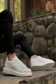 Resim Beyaz - Günlük Spor Ayakkabı Bağcıklı Yüksek Tabanlı Klasik Erkek Sneaker 