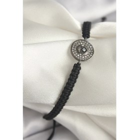 Resim Pirinç Füme Renk Zirkon Taşlı Nazar Boncuk Işleme Makrome Asansörlü Model Kadın Bileklik 