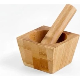 Resim Bambu Havan ve Tokmak Seti, Mutfak Havanı, Baharat ve Sarımsak Öğütücü ve Döveceği (Kare) 