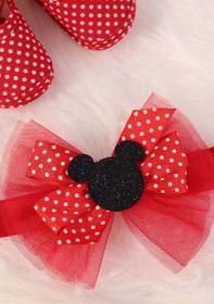 Resim kidello Kırmızı Kurdeleli Tüllü Puantiyeli Kız Bebek Patik Bandana Seti 