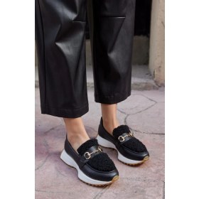 Resim Nilufarr Shaggy Siyah Deri Kürklü Kadın Sneaker 