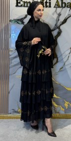Resim Üç Katlı Gold Çiçek Taşlı Siyah Şifon Abaya Şal Dahil | TM33 GSB - 2XL / Siyah 
