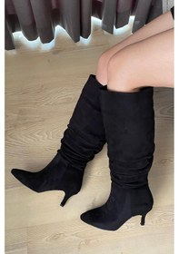 Resim Kadın Tamara Siyah Süet Körüklü Sivri Burun Çivi Topuk Çizme Siyah Süet 