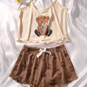 Resim Kadınlar için Sevimli Ayı Desenli Fırfırlı Pijama Takımı, Yuvarlak Yaka Sırtı Açık Crop Cami Üst ve Şort, Rahat Bol Kesim, Yazlık Gecelik 