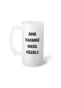 Resim Ama Kafamız Nasıl Güzel Baskılı Buzlu Hediyelik Bira Bardağı - Doğum Günü - Sevgililer Günü Beyaz 