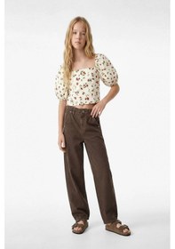 Resim Koton Kız Çocuk Keten Viskon Karışımlı Gipeli Slim Fit Poplin Kare Yaka Crop Balon Kollu Çilek Desenli Bluz Kirmizi 