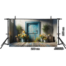 Resim Venspor Rustik Mavi Kapı ve Sarı Çiçeklerle Süslü Bahçe Temalı Arkaplan 200x150cm Fon Duvar Örtüsü 