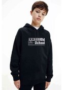 Resim Araba Old School Baskılı Unisex Çocuk Kapüşonlu Siyah Sweatshirt 