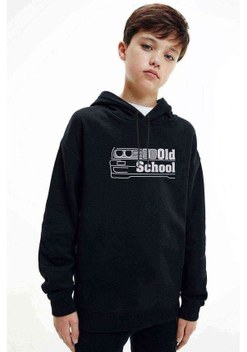 Araba Old School Baskılı Unisex Çocuk Kapüşonlu Siyah Sweatshirt Siyah